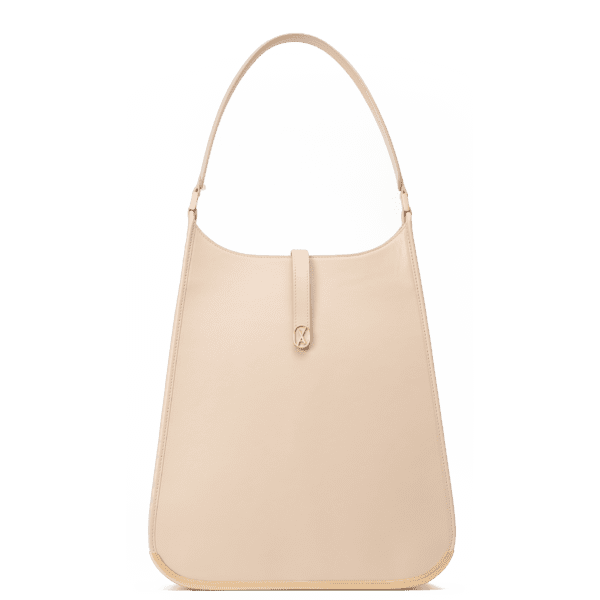 A large-sized beige laptop bag with a minimalistic design and curved edges. It has a golden metal frame on the bottom and a golden magnet with the Vaulie icon in the center. This luxury ICON bag, made in Italy, is ideal for an elegant businesswoman.