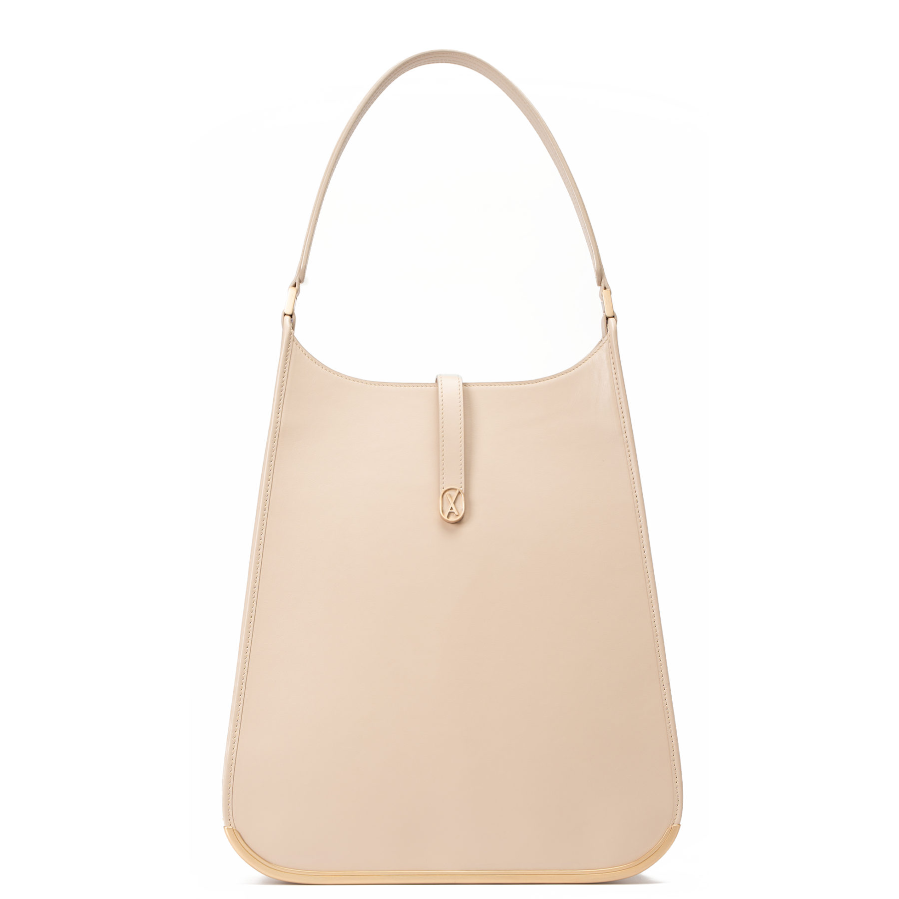 A large-sized beige laptop bag with a minimalistic design and curved edges. It has a golden metal frame on the bottom and a golden magnet with the Vaulie icon in the center. This luxury ICON bag, made in Italy, is ideal for an elegant businesswoman.