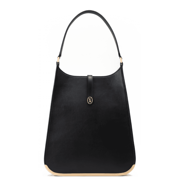 A large-sized black laptop bag with a minimalistic design and curved edges. It has a golden metal frame on the bottom and a golden magnet with the Vaulie icon in the center. This luxury ICON bag, made in Italy, is ideal for an elegant businesswoman.