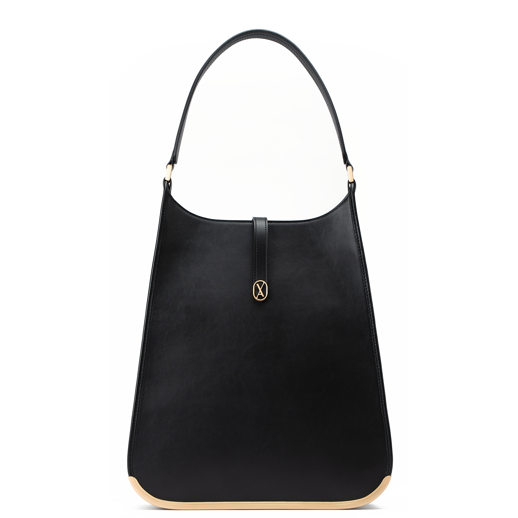 A large-sized black laptop bag with a minimalistic design and curved edges. It has a golden metal frame on the bottom and a golden magnet with the Vaulie icon in the center. This luxury ICON bag, made in Italy, is ideal for an elegant businesswoman.