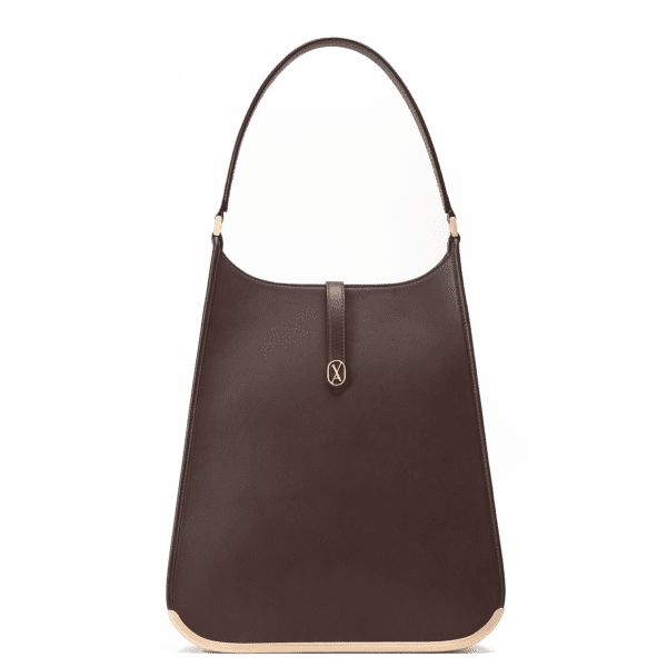 A large-sized dark brown laptop bag with a minimalistic design and curved edges. It has a golden metal frame on the bottom and a golden magnet with the Vaulie icon in the center. This luxury ICON bag, made in Italy, is ideal for an elegant businesswoman.