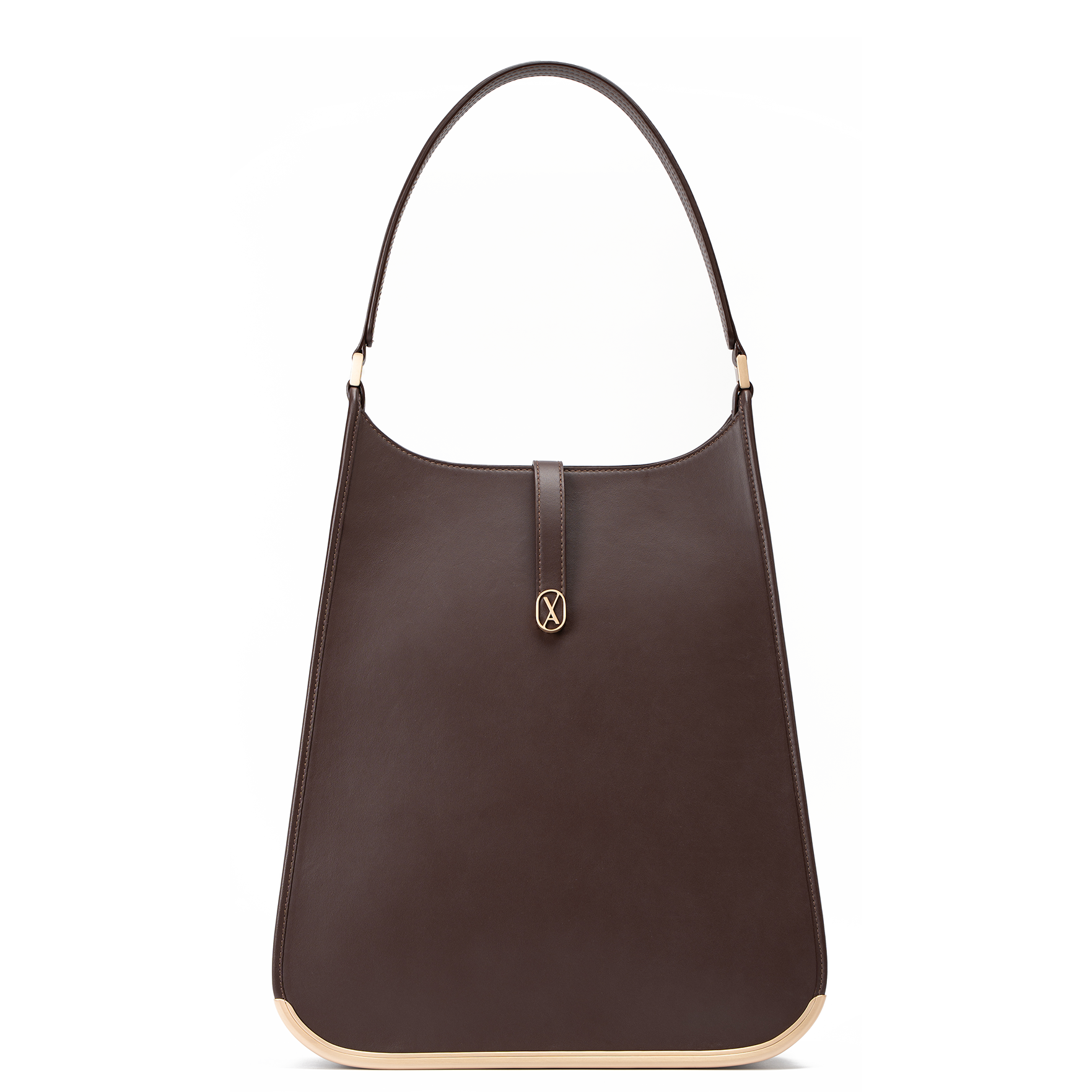 A large-sized dark brown laptop bag with a minimalistic design and curved edges. It has a golden metal frame on the bottom and a golden magnet with the Vaulie icon in the center. This luxury ICON bag, made in Italy, is ideal for an elegant businesswoman.