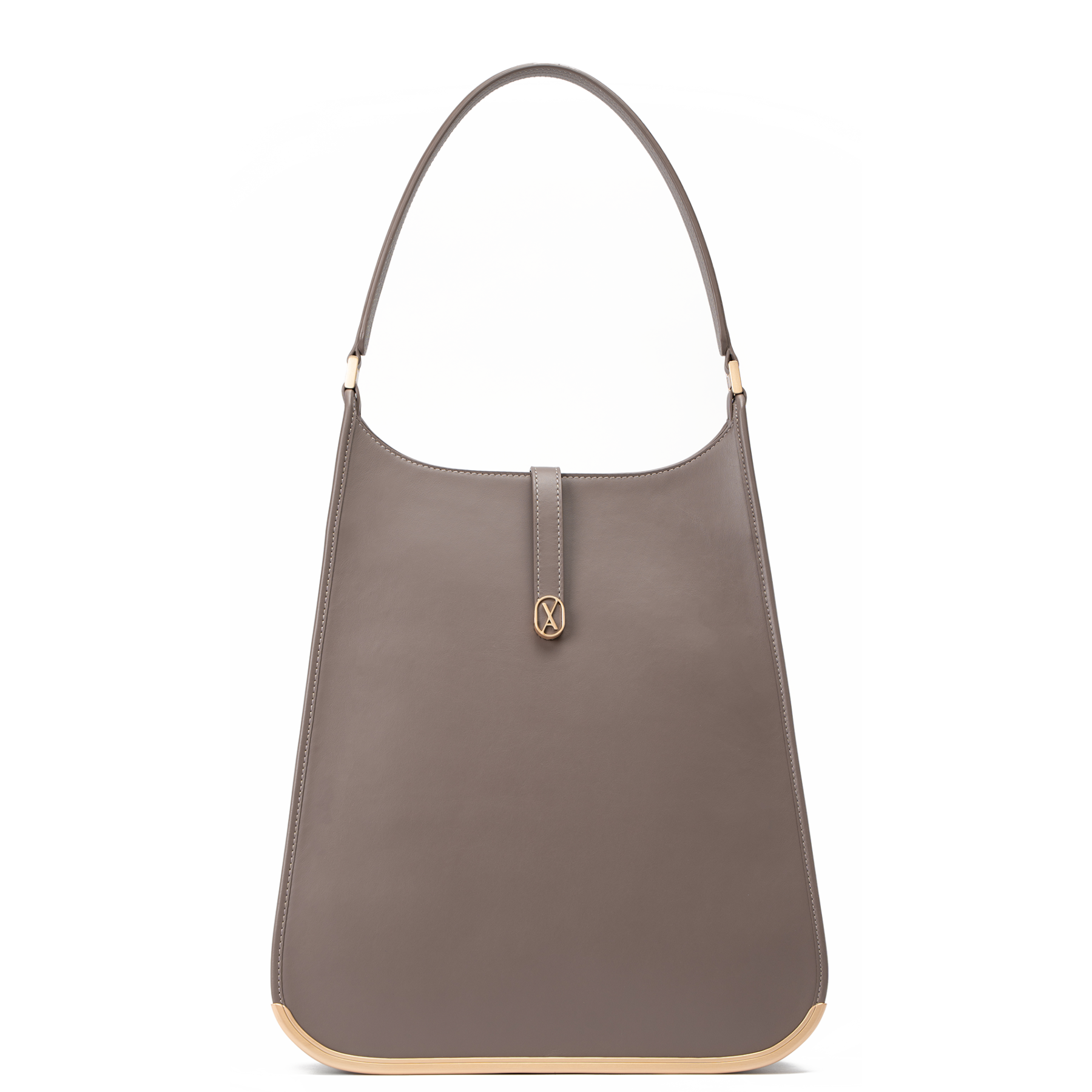 A large-sized taupe laptop bag with a minimalistic design and curved edges. It has a golden metal frame on the bottom and a golden magnet with the Vaulie icon in the center. This luxury ICON bag, made in Italy, is ideal for an elegant businesswoman.