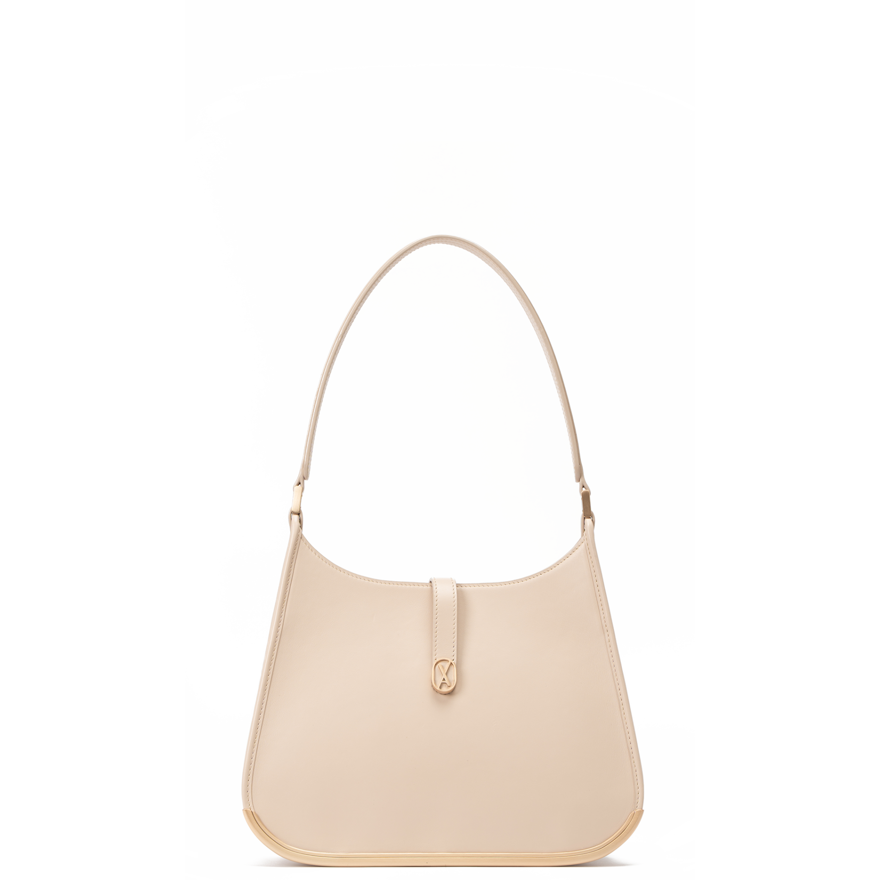 A medium-sized beige bag with a minimalistic design and curved edges. It has a golden metal frame on the bottom and a golden magnet with the Vaulie icon in the center. This luxury ICON bag, made in Italy, is ideal for an elegant businesswoman.