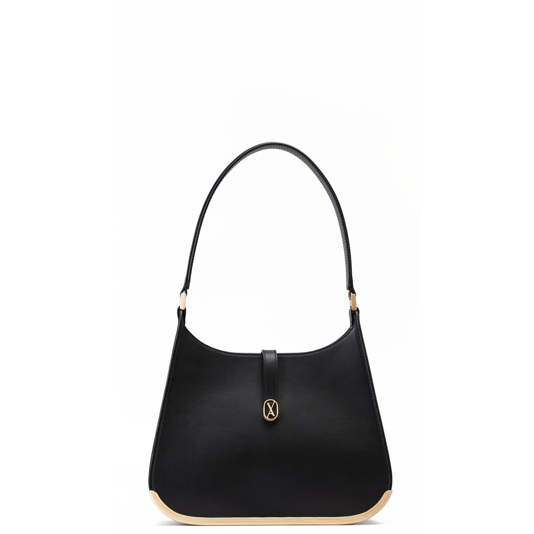 A medium-sized black bag with a minimalistic design and curved edges. It has a golden metal frame on the bottom and a golden magnet with the Vaulie icon in the center. This luxury ICON bag, made in Italy, is ideal for an elegant businesswoman.