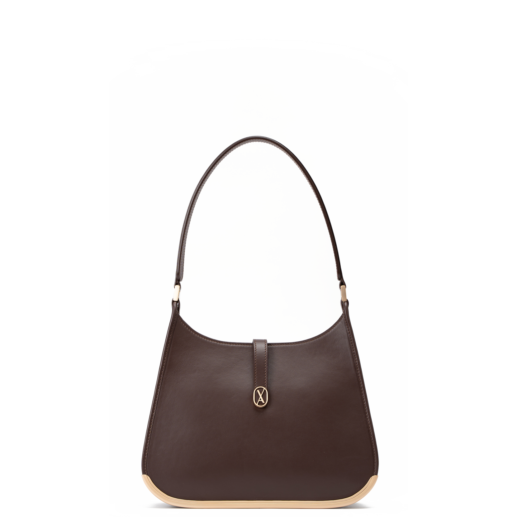 A medium-sized dark brown bag with a minimalistic design and curved edges. It has a golden metal frame on the bottom and a golden magnet with the Vaulie icon in the center. This luxury ICON bag, made in Italy, is ideal for an elegant businesswoman.