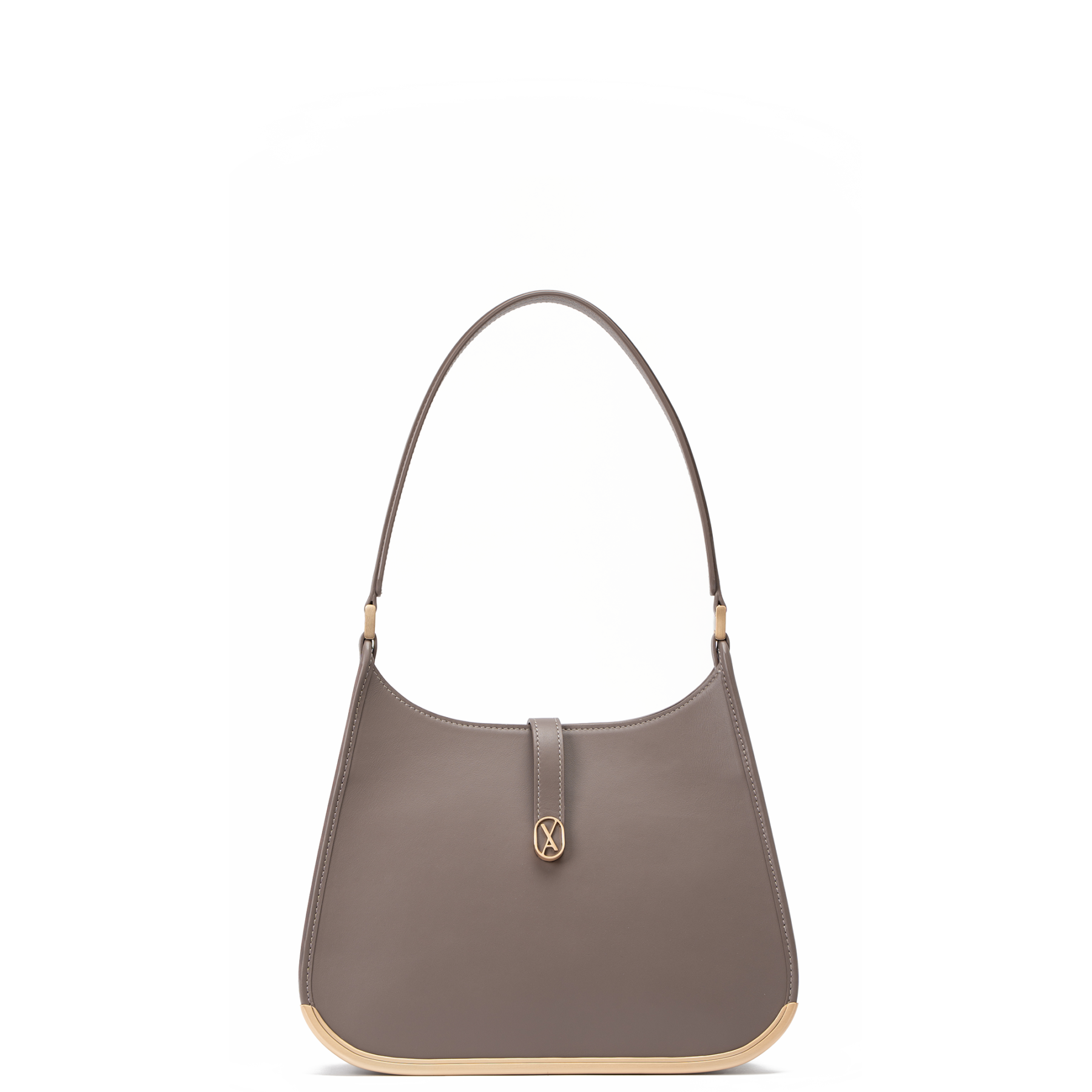 A medium-sized taupe bag with a minimalistic design and curved edges. It has a golden metal frame on the bottom and a golden magnet with the Vaulie icon in the center. This luxury ICON bag, made in Italy, is ideal for an elegant businesswoman.