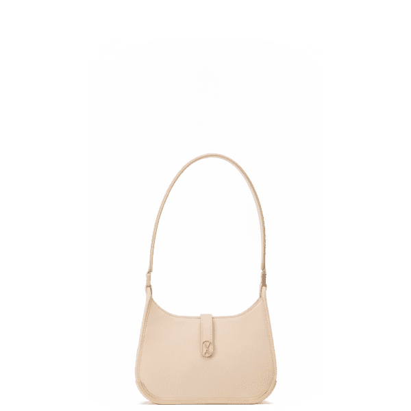 A small-sized beige bag with a minimalistic design and curved edges. It has a golden metal frame on the bottom and a golden magnet with the Vaulie icon in the center. This luxury ICON bag, made in Italy, is ideal for an elegant woman.