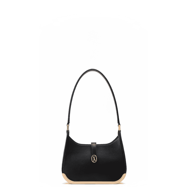 A small-sized black bag with a minimalistic design and curved edges. It has a golden metal frame on the bottom and a golden magnet with the Vaulie icon in the center. This luxury ICON bag, made in Italy, is ideal for an elegant woman.