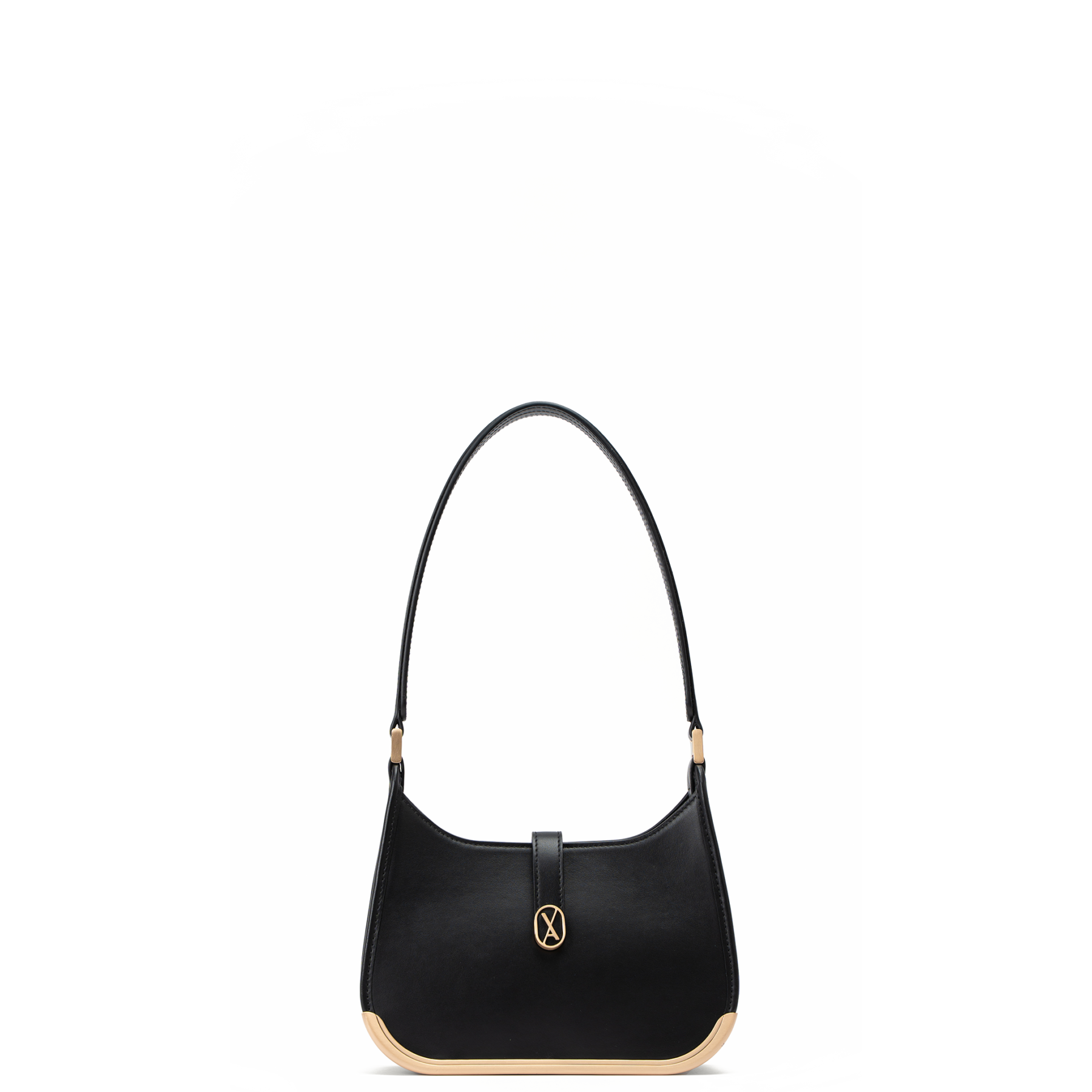 A small-sized black bag with a minimalistic design and curved edges. It has a golden metal frame on the bottom and a golden magnet with the Vaulie icon in the center. This luxury ICON bag, made in Italy, is ideal for an elegant woman.