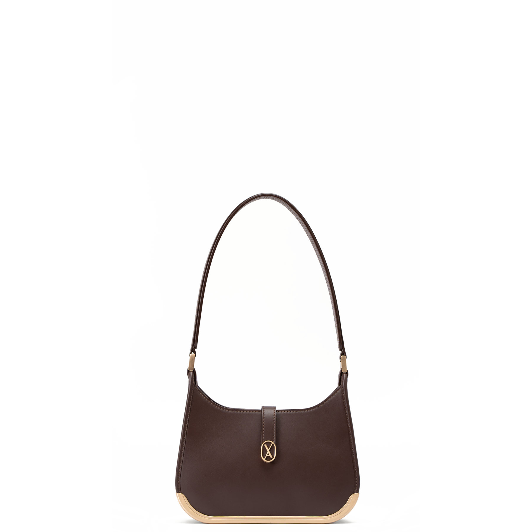 A small-sized dark brown bag with a minimalistic design and curved edges. It has a golden metal frame on the bottom and a golden magnet with the Vaulie icon in the center. This luxury ICON bag, made in Italy, is ideal for an elegant woman.