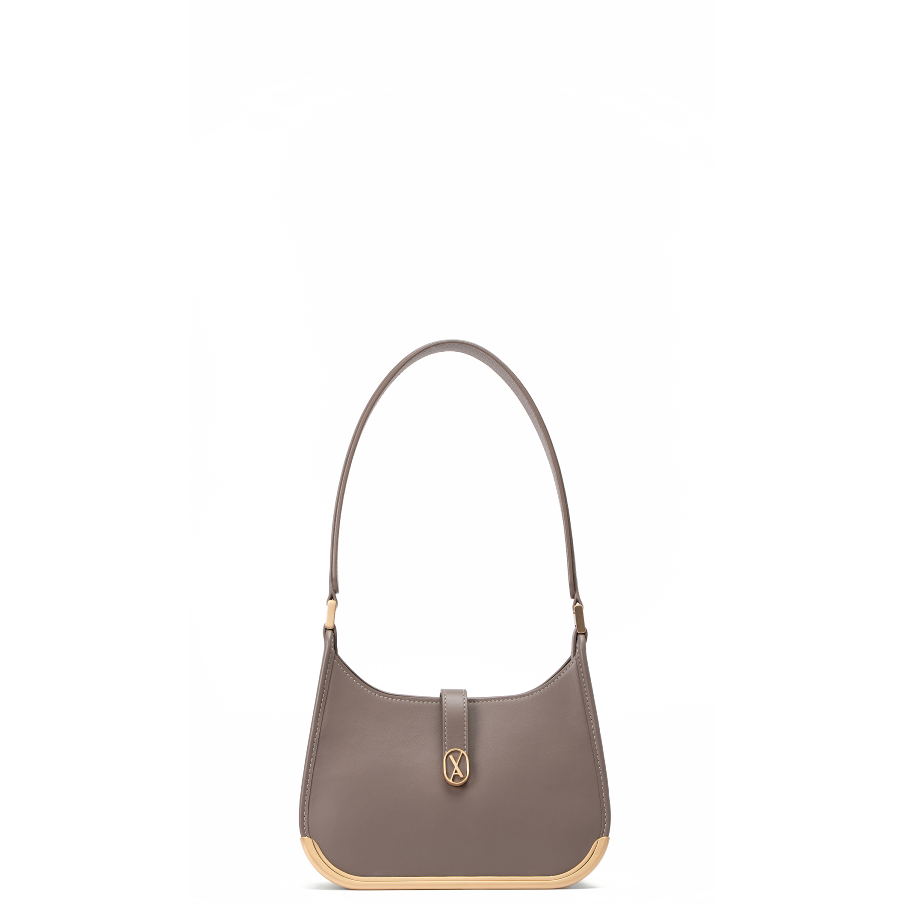 A small-sized taupe bag with a minimalistic design and curved edges. It has a golden metal frame on the bottom and a golden magnet with the Vaulie icon in the center. This luxury ICON bag, made in Italy, is ideal for an elegant woman.